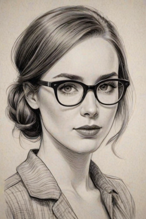 Alluring Camryn Grimes, pencil sketch, portrait of Enticing woman 1933s in glasses, hair style beatnik, outline, clear lines, fine lines, 8k