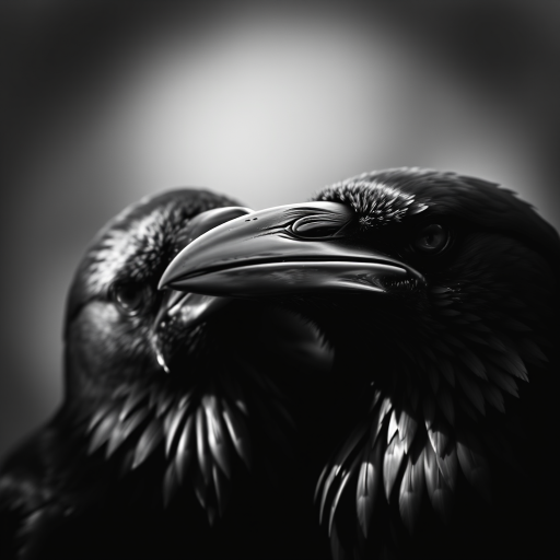 Capture a close-up of two ravens in high contrast black and white, using a Canon EOS R5 with a 50mm f/1.2 lens, aperture set to f/2.8, ISO 100, shutter speed 1/200s, natural light, shallow depth of field, and a slight vignette for dramatic effect.