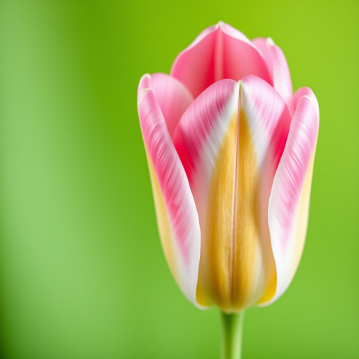 Capture a close-up of a pink and white tulip with soft, diffused lighting on a gradient green background using a DSLR camera set to f/2.8 aperture, 100mm lens, ISO 100, and a shutter speed of 1/200 seconds for rich detail and vibrant colors.