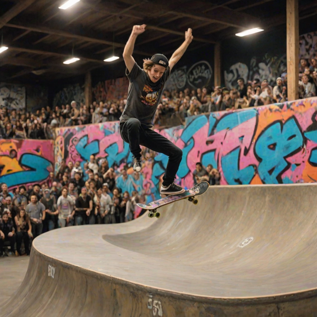Blurry action shot of a skateboarder performing tricks at a halfpipe, with vibrant graffiti art on the walls and a cheering crowd softly blurred in the background.