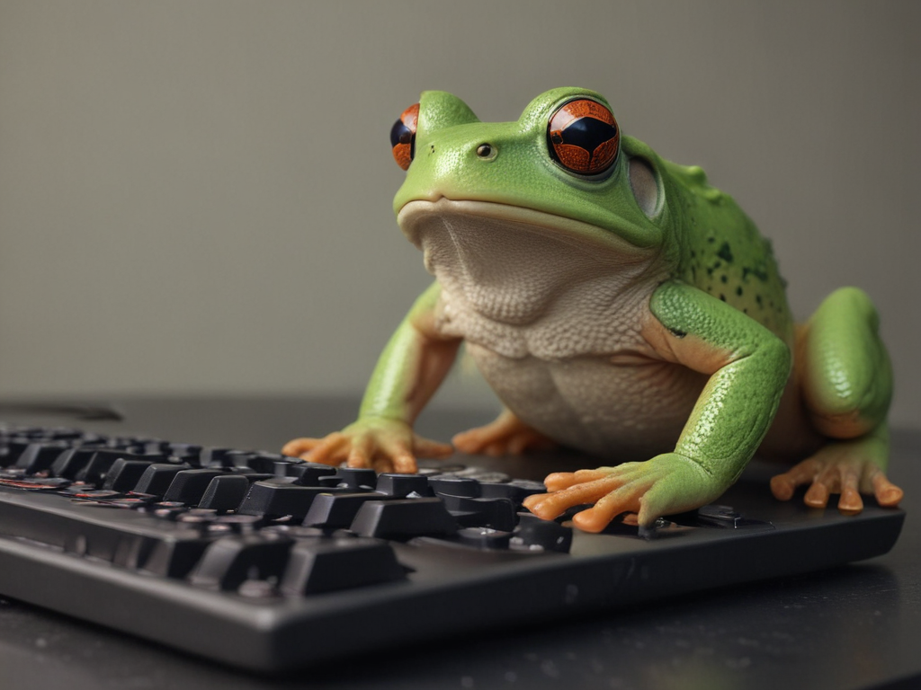 A realistic frog gaming on PC with keyboard and microphone