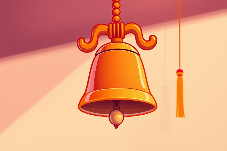 Generate a vibrant cartoon-style illustration of a hanging bell with a shiny orange surface, using a Canon EOS R5 camera, 50mm lens, f/1.8 aperture, ISO 100, and soft diffused lighting for high image quality.