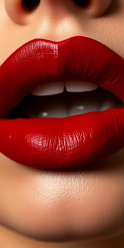 Seductive deep red lips with a velvety matte finish, channeling classic Hollywood glamour and timeless sophistication