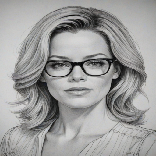 Pleasing Elizabeth Banks, pencil sketch, portrait of Captivating woman 1971s in glasses, hair style beatnik, outline, clear lines, fine lines, 8k