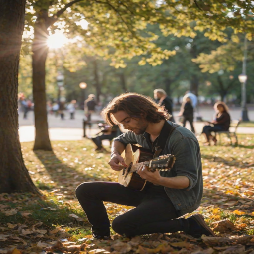 Blurry candid shot of a musician playing guitar in a park, with soft sunlight filtering through leaves, and passersby softly blurred in the background, enjoying the music.