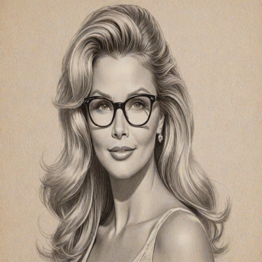 Resplendent Christie Brinkley, pencil sketch, portrait of Gorgeous woman 1950s in glasses, hair style beatnik, outline, clear lines, fine lines, 8k