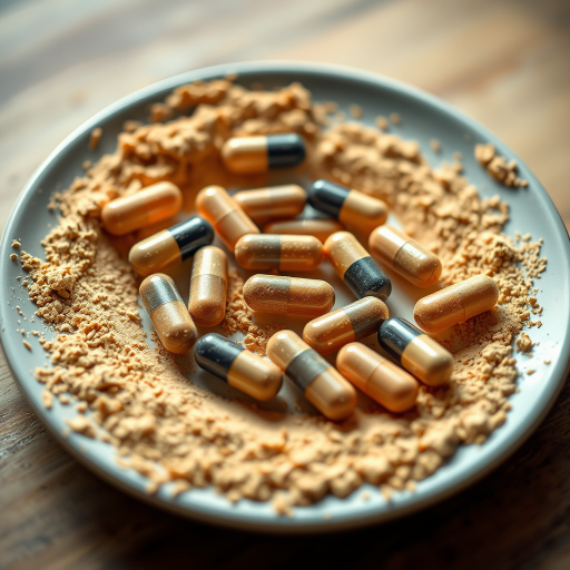 close-up of capsules on a plate surrounded by a swirl of powder, natural lighting, aperture f/2.8, ISO 100, macro lens, DSLR camera, shallow depth of field