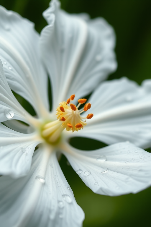 Close-up of a white flower with raindrops on petals, set against a blurred green background, photographed with a Canon EOS 5D Mark IV, 50mm f/1.8 lens, aperture f/2.8, shutter speed 1/200 sec, ISO 200, natural light for enhanced details and clarity.