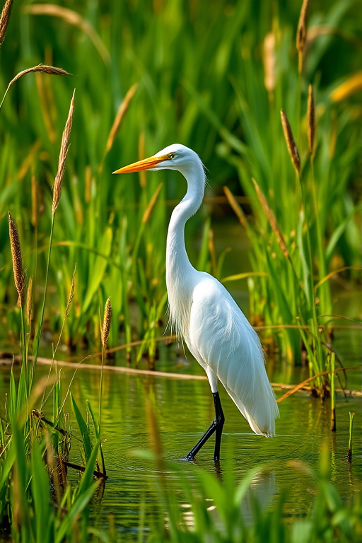 Great Egret standing in shallow water surrounded by tall grass, natural lighting, taken with a Canon EOS 5D Mark IV, 200mm lens, aperture f/4.0, shutter speed 1/500 sec, ISO 100, shallow depth of field, vibrant colors.
