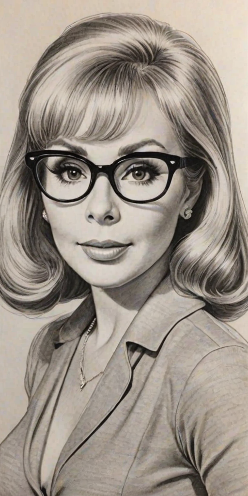Radiant Barbara Eden, pencil sketch, portrait of Attractive woman 1945s in glasses, hair style beatnik, outline, clear lines, fine lines, 8k