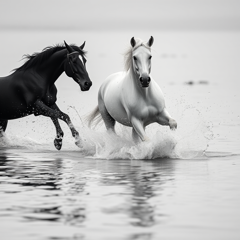 A dynamic scene of two horses, one white and one black, galloping through shallow water, creating splashes and reflections in a monochromatic style, captured with a Canon EOS R5, 35mm f/1.4 lens, ISO 100, shutter speed 1/500s, aperture f/2.8, soft focus background for enhanced depth, high contrast lighting.