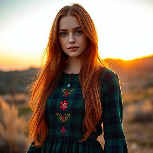 Portrait of a woman with long red hair wearing a green plaid dress with embroidery, standing in a scenic landscape at sunset, Canon EOS R5 camera, 50mm lens, f/1.8 aperture, ISO 100, natural lighting, shallow depth of field.