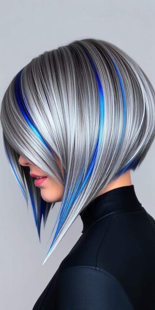 Striking silver-gray bob with razor-sharp edges and metallic blue streaks, embodying futuristic elegance, known as "Chromatic Crescendo"