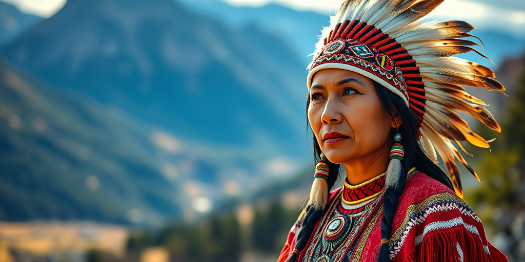 Create a high-resolution portrait of a Native American woman wearing traditional attire with intricate beadwork and a feathered headdress, set against a breathtaking mountainous landscape in soft focus, shot with a DSLR camera at f/2.8, ISO 100, 50mm lens, natural lighting to enhance details and colors.