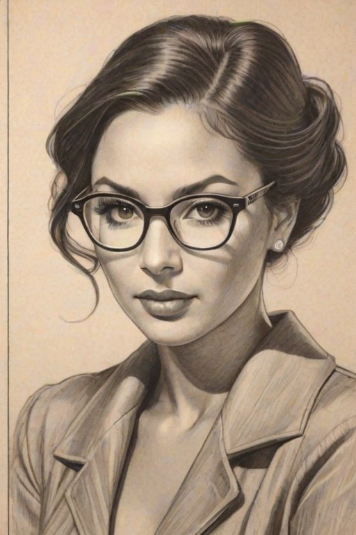Dazzling Vanessa Bryant, pencil sketch, portrait of Fetching woman 1934s in glasses, hair style beatnik, outline, clear lines, fine lines, 8k