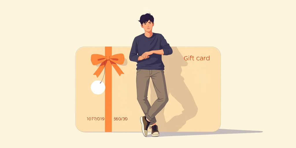 Create an illustration of a person leaning against a large gift card with a minimalist design, soft pastel background, using a vector art style, 50mm lens, f/2.8 aperture, natural lighting.