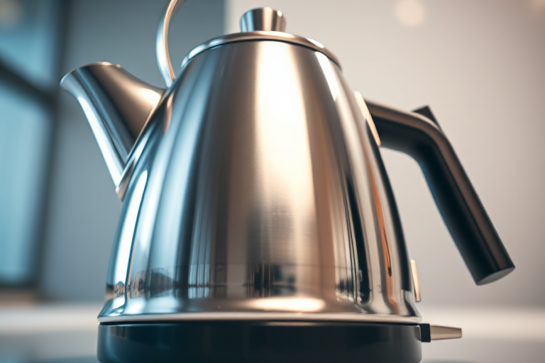 a high-resolution image of a shiny stainless steel kettle with a sleek design, captured from a low angle perspective using a DSLR camera with an aperture of f/2.8, shutter speed of 1/125 sec, and ISO 100, ensuring a soft background blur for focus on the kettle's reflective surface