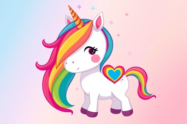 Create a vibrant and colorful illustration of a unicorn with a rainbow mane and tail, heart-shaped rainbow marking on its side, in a whimsical, cartoon style, captured with a DSLR camera at f/2.8 aperture, ISO 100, 50mm lens, using soft lighting for a bright and cheerful atmosphere.