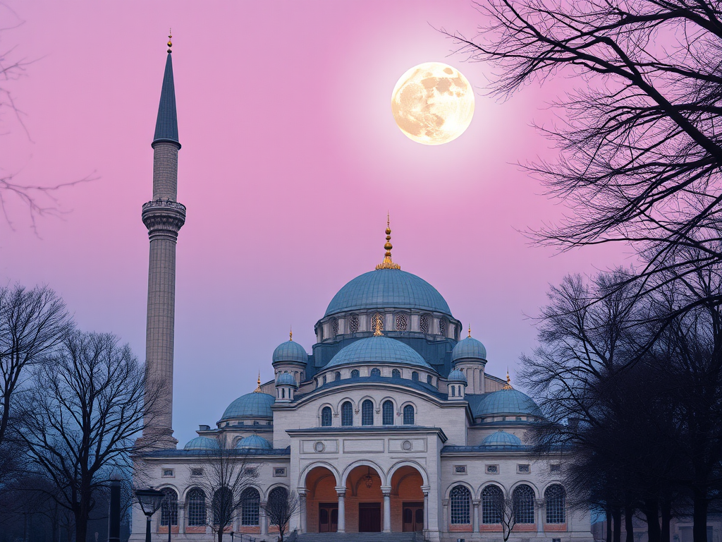 Create a serene digital illustration of a mosque with a prominent dome and minaret under a full moon, using a wide-angle lens at f/8, ISO 100, and a soft focus to enhance details and create a tranquil atmosphere, with a pastel color palette.
