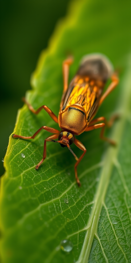 macro shot of a golden insect on a green leaf with a blurred background, aperture f/2.8, shutter speed 1/200s, ISO 100, taken with a Canon EOS R5, 100mm macro lens, natural light, top-down view