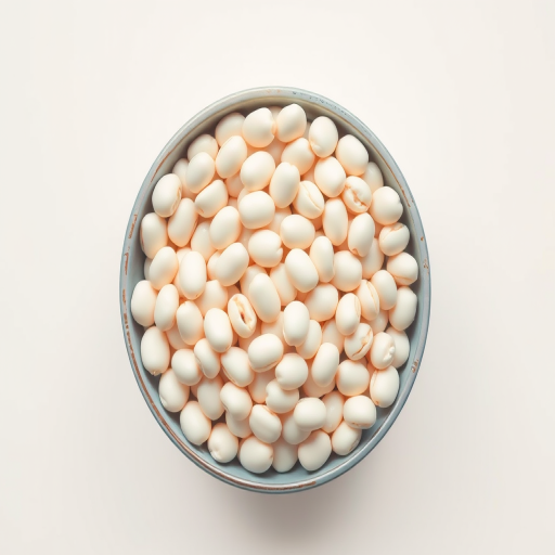 A high-quality image of a bowl filled with white beans on a clean, light background, captured with a DSLR camera at f/2.8, ISO 100, shutter speed 1/200s, using a 50mm lens, top-down view, natural lighting for enhanced detail and clarity.
