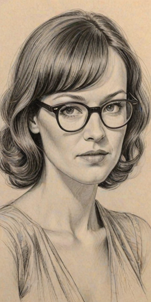 Appealing Rosemarie DeWitt, pencil sketch, portrait of Bewitching woman 1936s in glasses, hair style beatnik, outline, clear lines, fine lines, 8k