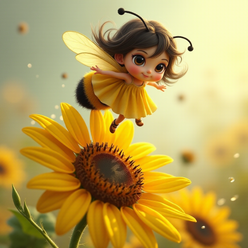 a whimsical cute girl with big eyes, big hair and flowing dress, riding astride a bumble bee, and flying across the top of the sunflower, which are just waking up, and catching dew drop of rain