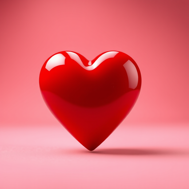 Create a 3D red heart on a soft pink background, using a 100mm f/2.8 lens, shoot from a low angle at a 45-degree perspective, in a studio setting with soft diffused lighting for enhanced texture and shadow depth.