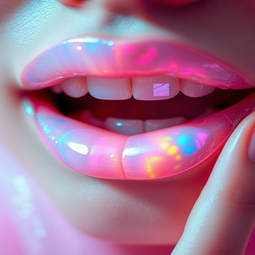 Radiant opal lips shimmer with iridescent white and pastel rainbow hues, creating a magical and ethereal effect perfect for editorial imagery