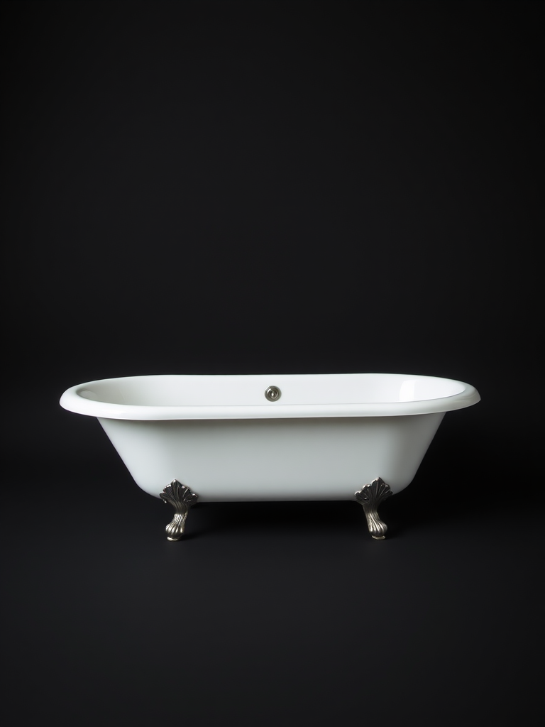 A vintage-style bathtub on a plain black background, shot with a DSLR camera at f/2.8, ISO 100, 50mm lens, in soft focus for a minimalist aesthetic.