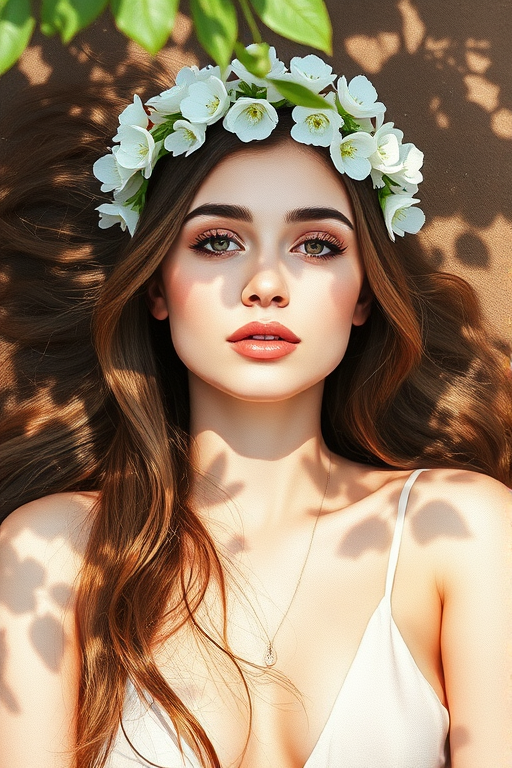 create a watercolor painting of an ethereal portrait of beautiful Assyrian woman with a simple white flower crown on her head. Her hair is long and she is lying on the ground. The sunlight on the trees casts shadows from the leaves on her face and body. The background is a neutral brown color that matches her skin tone. The image is minimalist and solid colors. This style is characterized by soft, delicate brushstrokes and a light, airy, contrasting color palette. High level of detail and play of light