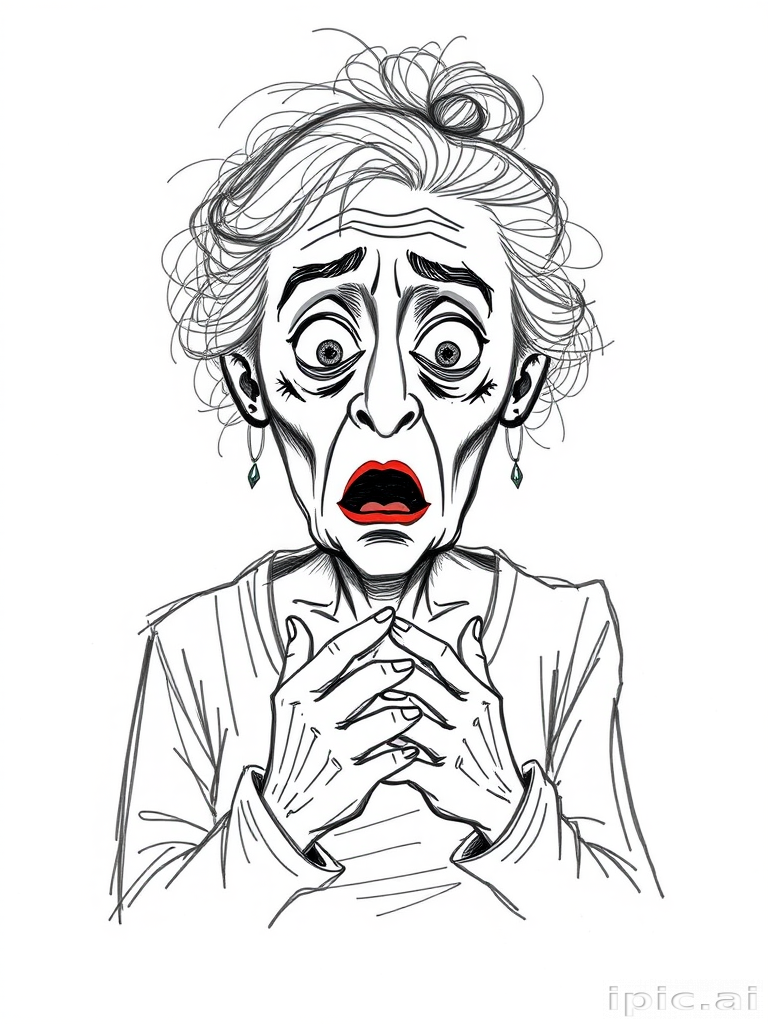 scribbly unfinished sketch, old lady with messy gray hair in a loose bun, surprised expression, mouth open, hands clasped together in front of her chest. Her eyes are wide, eyebrows are furrowed. vibe of shock or surprise.