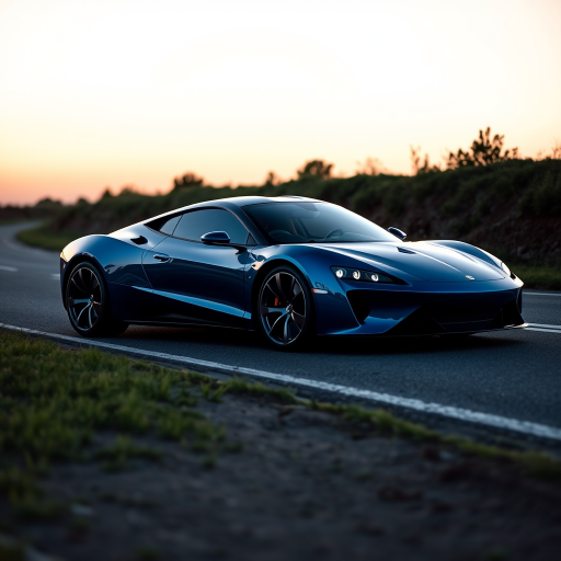 Generate an image of a luxury sports car parked on the side of a road during what appears to be dawn or dusk, given the soft light and shadows. The car should have a sleek design with aerodynamic features, a low-profile stance, and large, alloy wheels. It should display a contemporary color scheme, possibly a unique shade of blue that matches well with the ambient light in the setting. The vehicle's bodywork should gleam, reflecting the surrounding environment, and it should have distinctive lighting accents that enhance its sporty appearance. In the background, there should be a roadside with a grassy embankment on one side and possibly some trees or shrubbery along the edge of the pavement. The overall mood of the image should convey a sense of luxury, speed, and the tranquility of an early morning or late evening drive.
