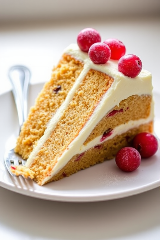 A slice of layered cake with creamy frosting decorated with fresh cranberries and a dusting of sugar served on a white plate with a fork beside it in a bright setting.