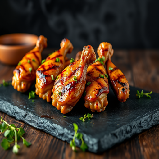 Create a high-resolution image of beautifully arranged grilled chicken wings on a black slate plate, with fresh herbs and a smoky background, captured with a Canon EOS R5 at f/1.8, ISO 100, 1/200 sec, using a shallow depth of field for a soft bokeh effect.
