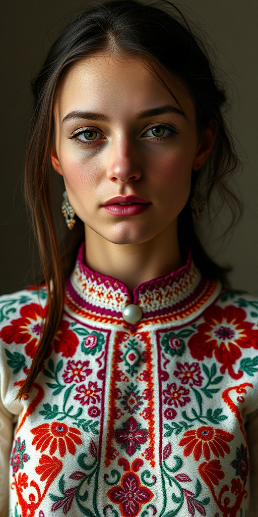 Face, shoulders, chest covered in openwork Ukrainian embroidery. Raw, unedited image.