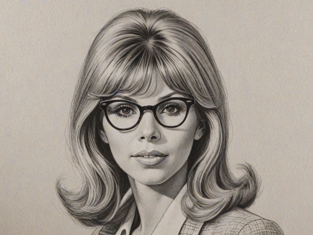 Bewitching Nancy Sinatra, pencil sketch, portrait of Superb woman 1962s in glasses, hair style beatnik, outline, clear lines, fine lines, 8k