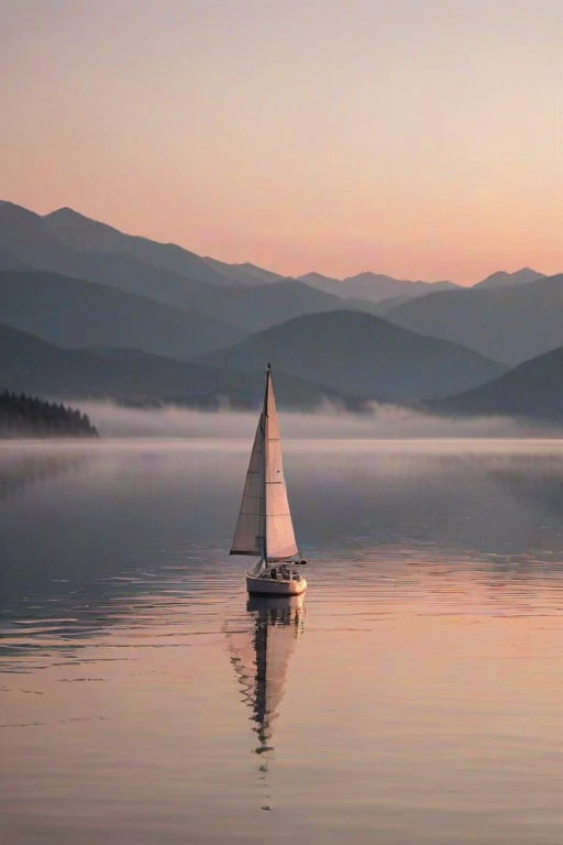 Softly focused image of a sailboat drifting peacefully on a calm lake at sunset, the water reflecting soft shades of pink and orange, with distant mountains barely visible through the evening mist.