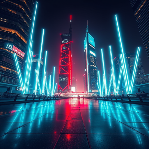 Create a futuristic cityscape with vertical light beams and a reflective ground, using a wide-angle lens at f/2.8, ISO 100, 1/60 sec shutter speed, taken from a low viewpoint with a digital SLR camera.