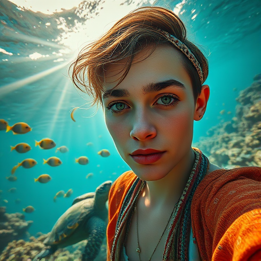Realistic selfie image of a Turkish, wearing a vintage outfit, detailed dreamy eyes, droopy hooded eyes, staring at the camera, taken underwater at coral reef with a sunbeam filtering through the water, vibrant, summer vacation, natural lighting, turtle and school of tropical fish with vibrant colors, rendered in the style of CryEngine, Pegi Nicol MacLeod, with realistic genre scenes, hauntingly beautiful narratives, ultra-realism, and Thomas Saliot's close-up technique, 8K resolution, crystal clear and sparkling water.