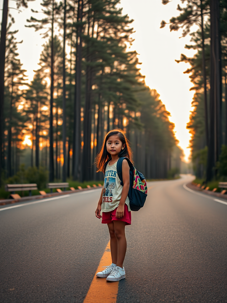A young girl standing on an empty road surrounded by tall trees at sunset, with a backpack and a serene expression, captured with a Canon EOS R5, f/1.8 aperture, ISO 100, 35mm lens, in a wide-angle view, using a cinematic style with vibrant colors and high contrast.