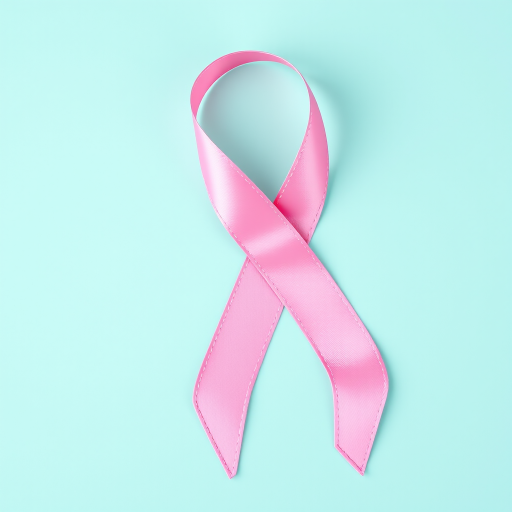 Create an image of a pink awareness ribbon on a soft teal background with a high-resolution DSLR camera, using a 50mm f/1.8 lens, aperture set at f/2.8, shutter speed 1/100 sec, and ISO 200 for enhanced clarity and color vibrance.