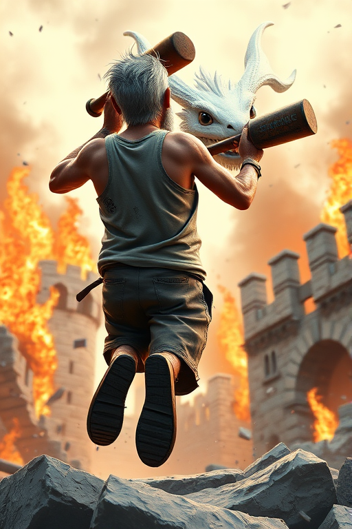 Cartoon 3D High-Resolution,dynamic battle scene using Unreal Engine 5 and Octane Render. The scene features back of an elderly, thai man with a beard,messy hair and round golden-rimmed glasses. He is wearing a tattered tank top with soot marks, shorts, and sandals. sweating. he wields a baseball bat. He jump to fight with a white fire-breathing Europe dragon amidst a partially destroyed stone castle. Include intense flames, smoke, and debris to enhance the dramatic effect.