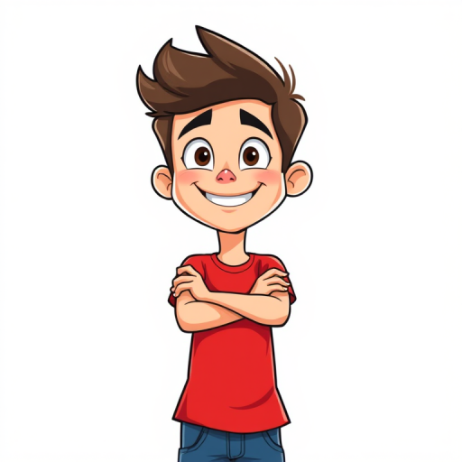 Create a cartoon character of a young man with a playful expression, wearing a red t-shirt and blue jeans, standing confidently with arms crossed, mid-shot, using a DSLR camera at f/8 aperture, ISO 200, 50mm lens, soft lighting for a clean background.