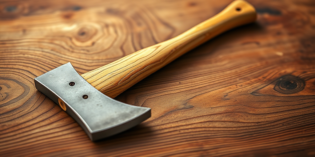 Create a highly detailed digital illustration of a wooden-handled axe on a wooden surface with intricate grain patterns, shallow depth of field, f/2.8 aperture, 50mm lens, natural lighting, high-resolution DSLR camera.