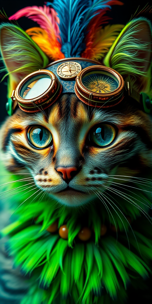 Create a vibrant steampunk-inspired cat portrait with striking green and blue fur, wearing a detailed goggles and a colorful feathered hat, showcasing intricate patterns and textures, shot with a Canon EOS R5, 50mm lens, f/1.8 aperture, ISO 100, in a close-up, high-contrast lighting style.