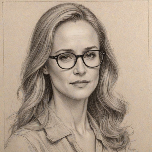 Appealing Holly Hunter, pencil sketch, portrait of Gorgeous woman 1939s in glasses, hair style beatnik, outline, clear lines, fine lines, 8k
