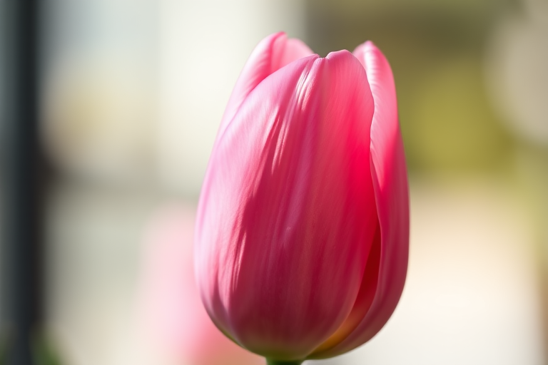 Close-up of a pink tulip with a soft focus background, Canon EF 100mm f/2.8L Macro IS USM lens, aperture f/2.8, ISO 100, shutter speed 1/200s, natural light, high dynamic range, shallow depth of field.