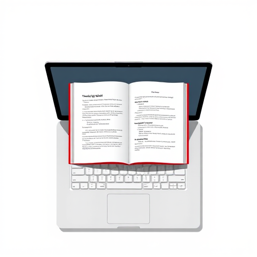 create a minimalist illustration of an open laptop with a book resting on top, showing pages with text, flat design, top-down view, high resolution, f/2.8 aperture, ISO 100, 35mm lens, studio lighting