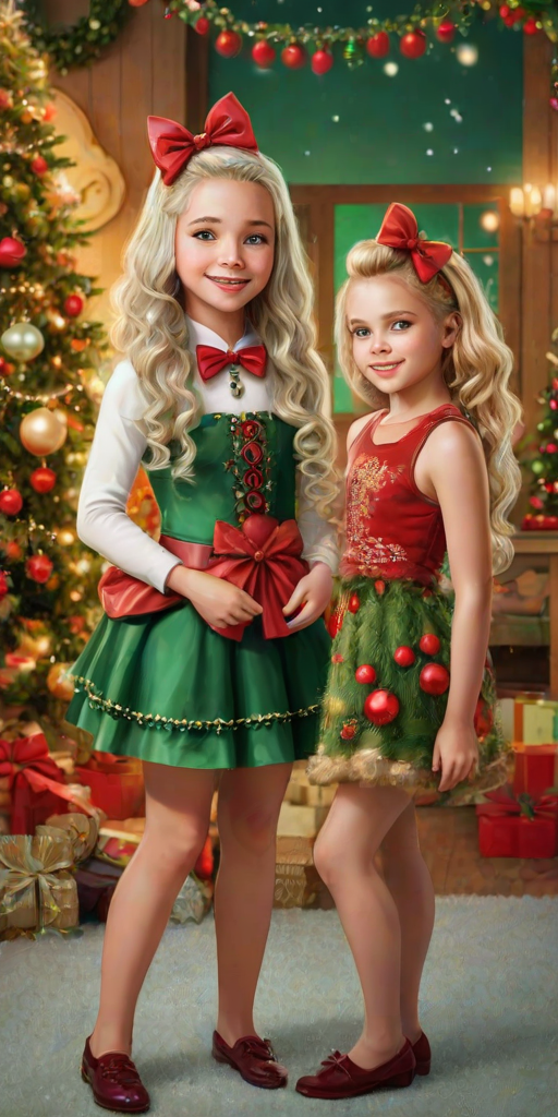create a whimsical digital artwork of a girl with curly blonde hair adorned with red ornaments and a large bow, standing in front of a smaller girl with green hair, both surrounded by festive decorations and a warm, glowing background
